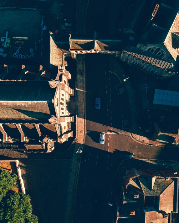 an aerial view of a city street with buildings