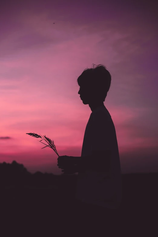 a man standing under a purple sky with a flower in his hand