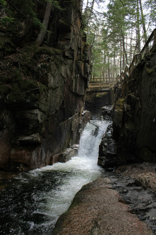 a waterfall is surrounded by forest and rocks