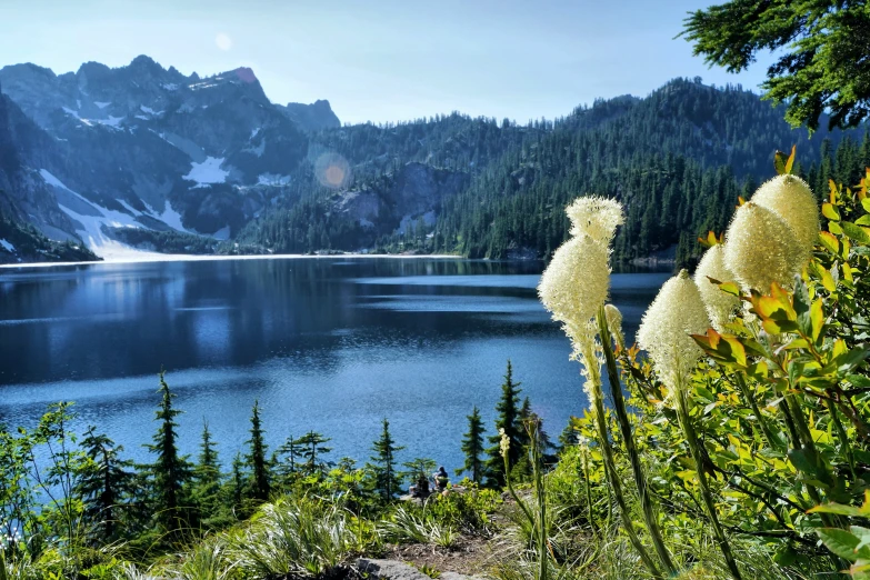 a mountain lake with snow on it's slopes