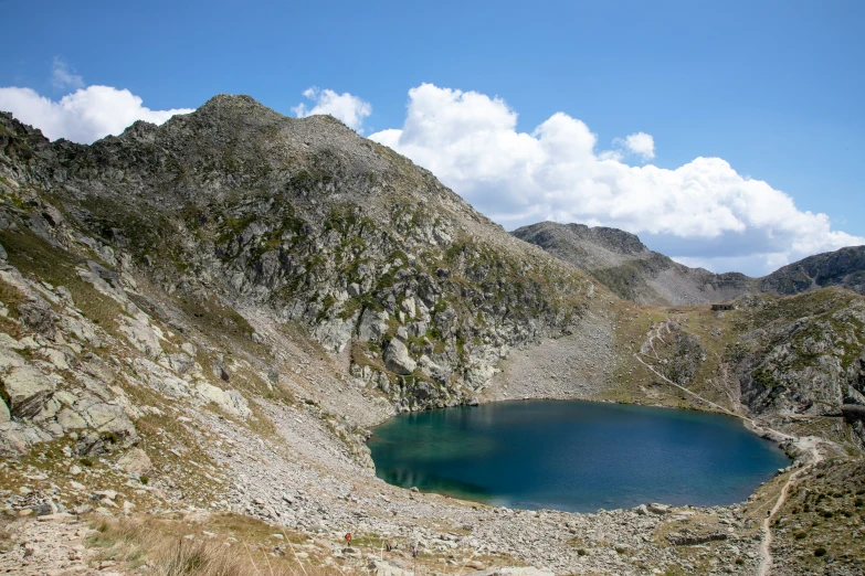 a blue lake sitting in the middle of mountains