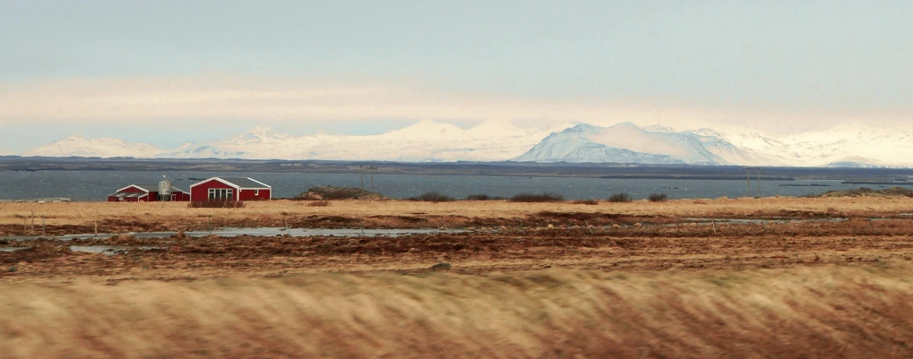 some brown grass water rocks and some white mountains