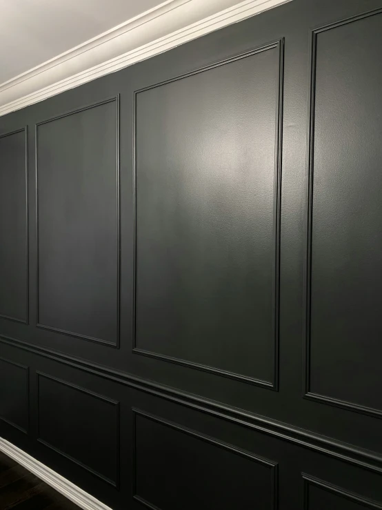 a wall is painted black with white trim