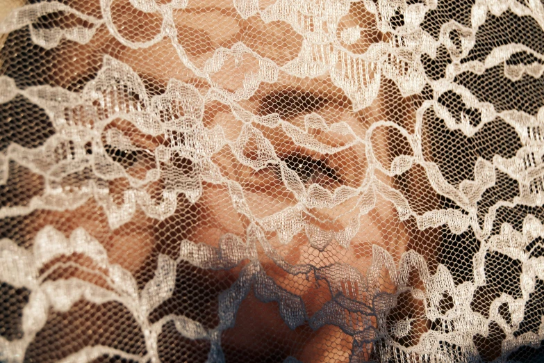 a woman is shown through a mesh lace piece