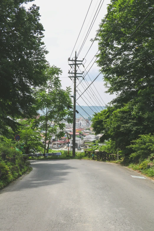 a paved road and power lines line through the trees