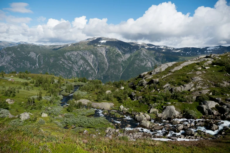 a mountain side has rocks and green grass