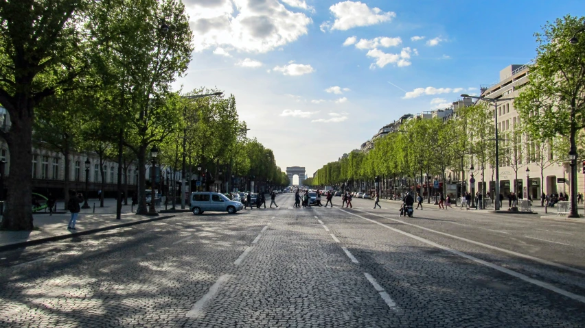 a wide city street has a tree lined street