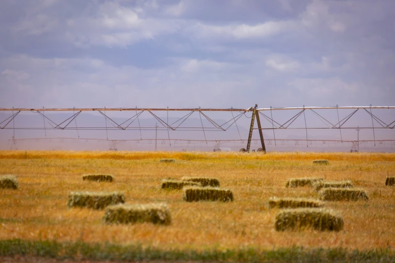 a field with a couple of power lines and lots of hay