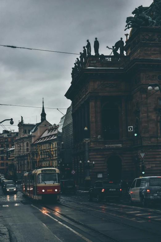 a bus riding on the street in a city