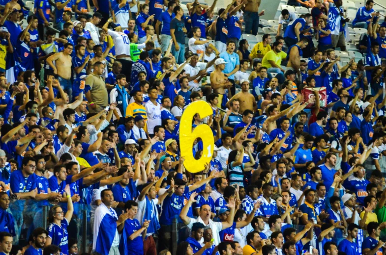 a crowd of people in blue and white jerseys