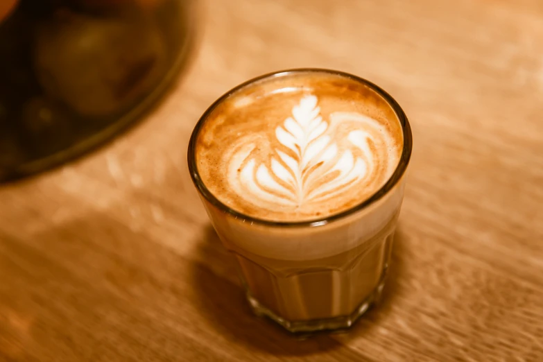 a coffee drink with a leaf drawn in the foam