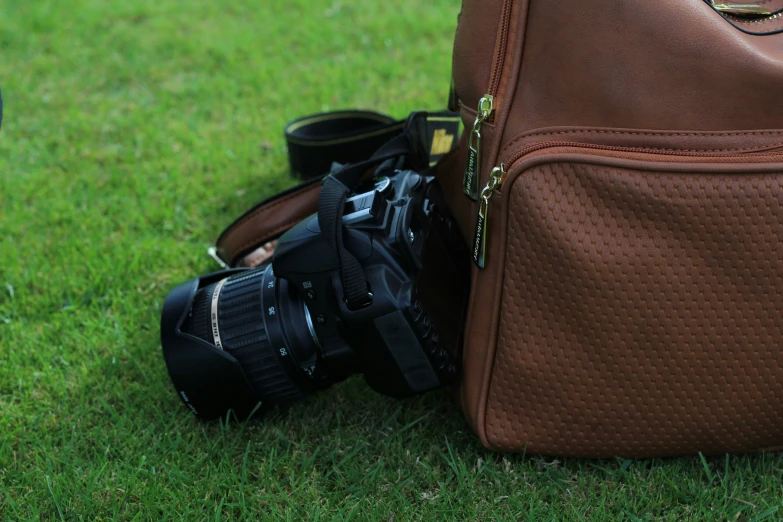 a camera, a brown suitcase and other items sitting on the grass