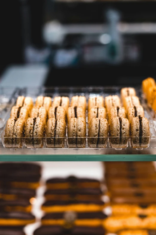 a close up of trays of chocolate covered cookies