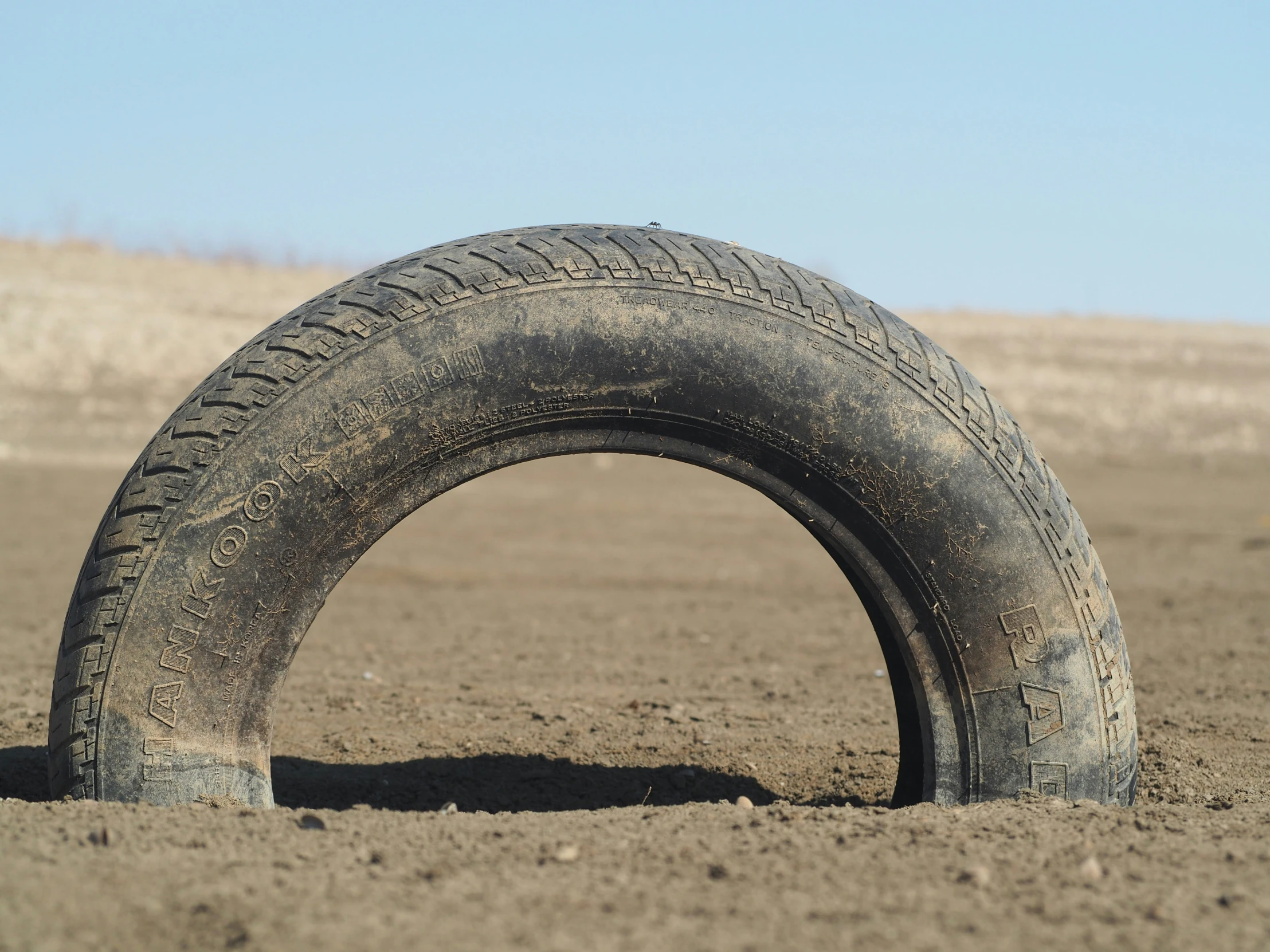 a tire in the middle of a dirt covered field