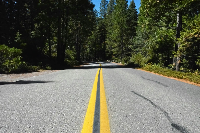 a road with an upward yellow line going through the forest