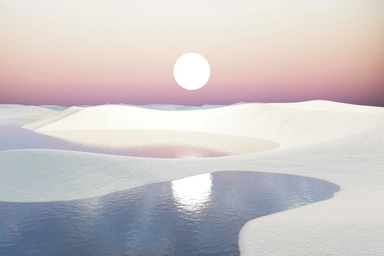 a painting of a distant sunset with a sun over an expanse of water