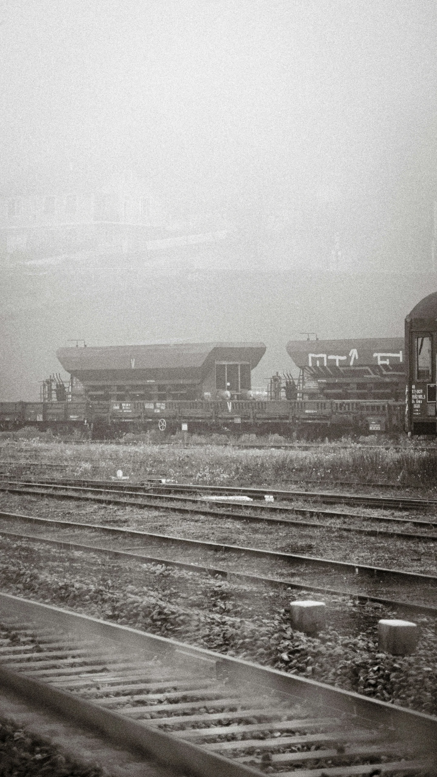 black and white po of a foggy railroad track