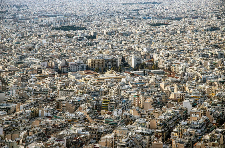 a big city is surrounded by lots of buildings