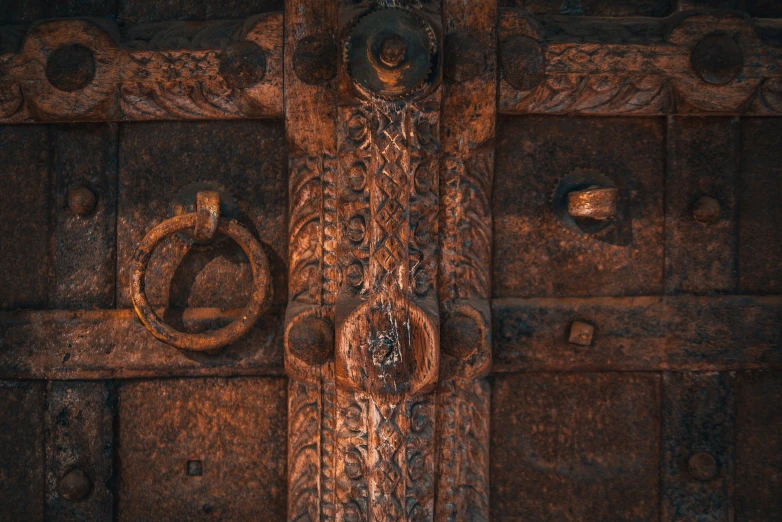 a close up of a wooden door with a metal handle