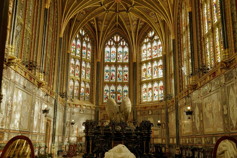 an ornate room with sculptures inside of it