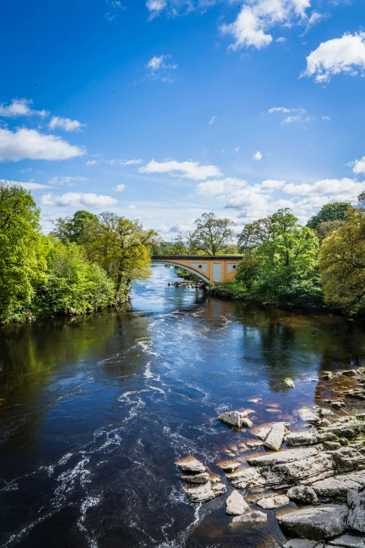 the river with rocks is running under an old bridge