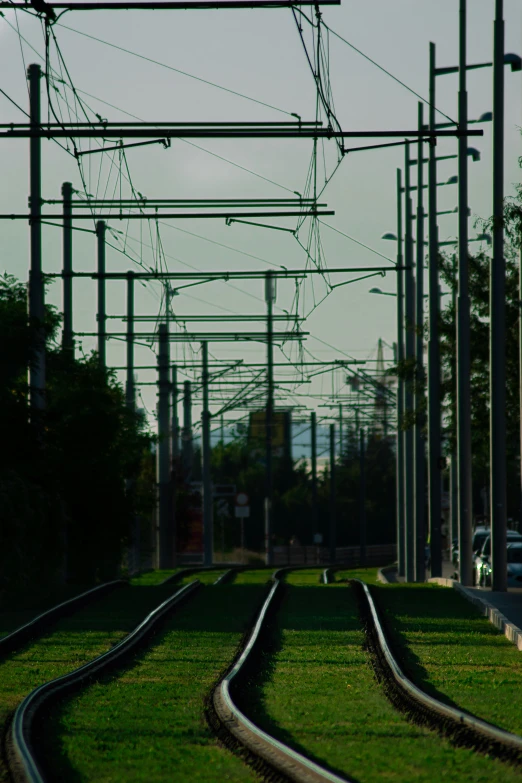 a line of train tracks stretching over the grass