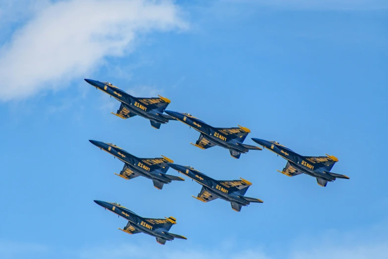 blue angels air force jets flying overhead in formation