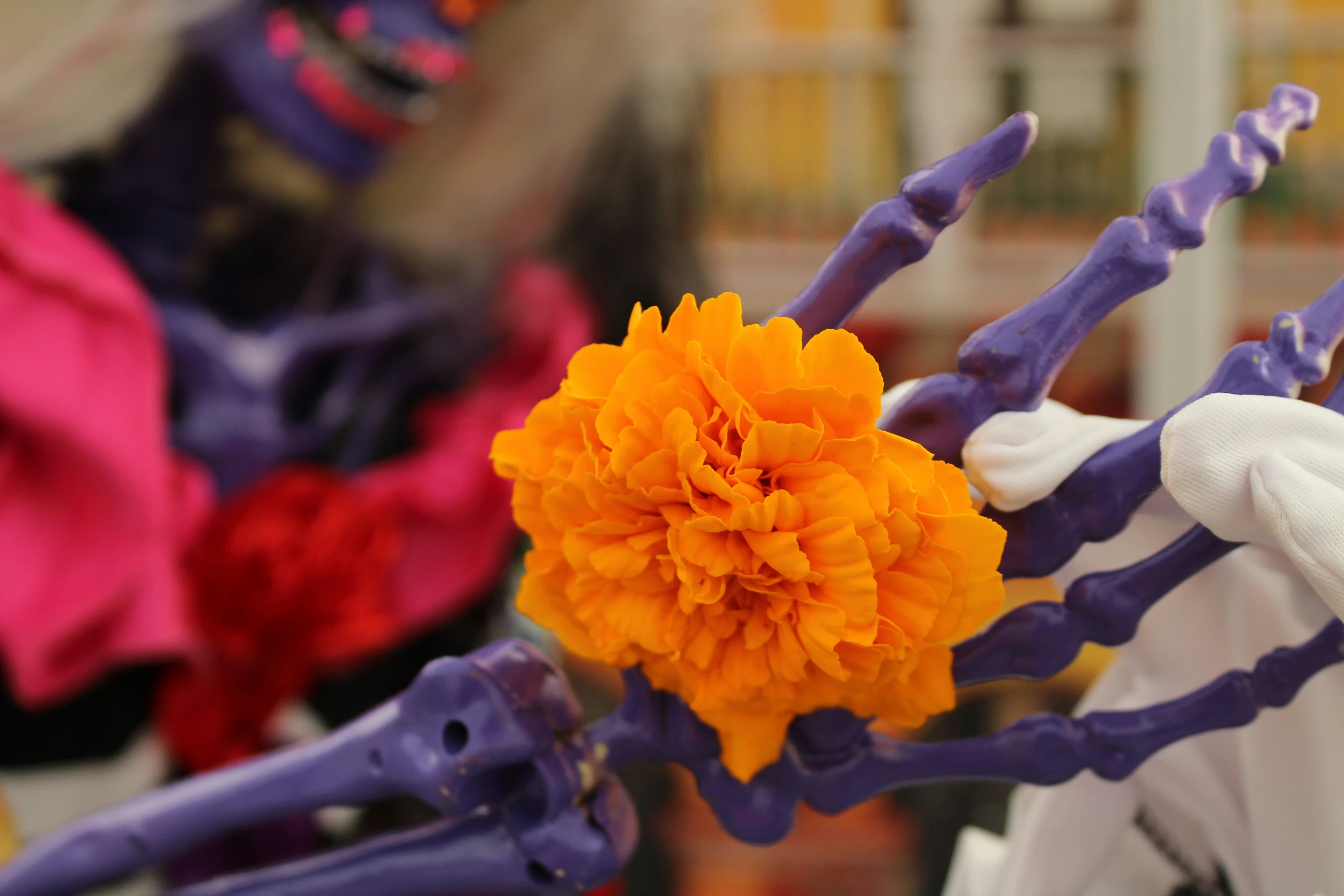 three colorful plastic skeletons holding fake flowers