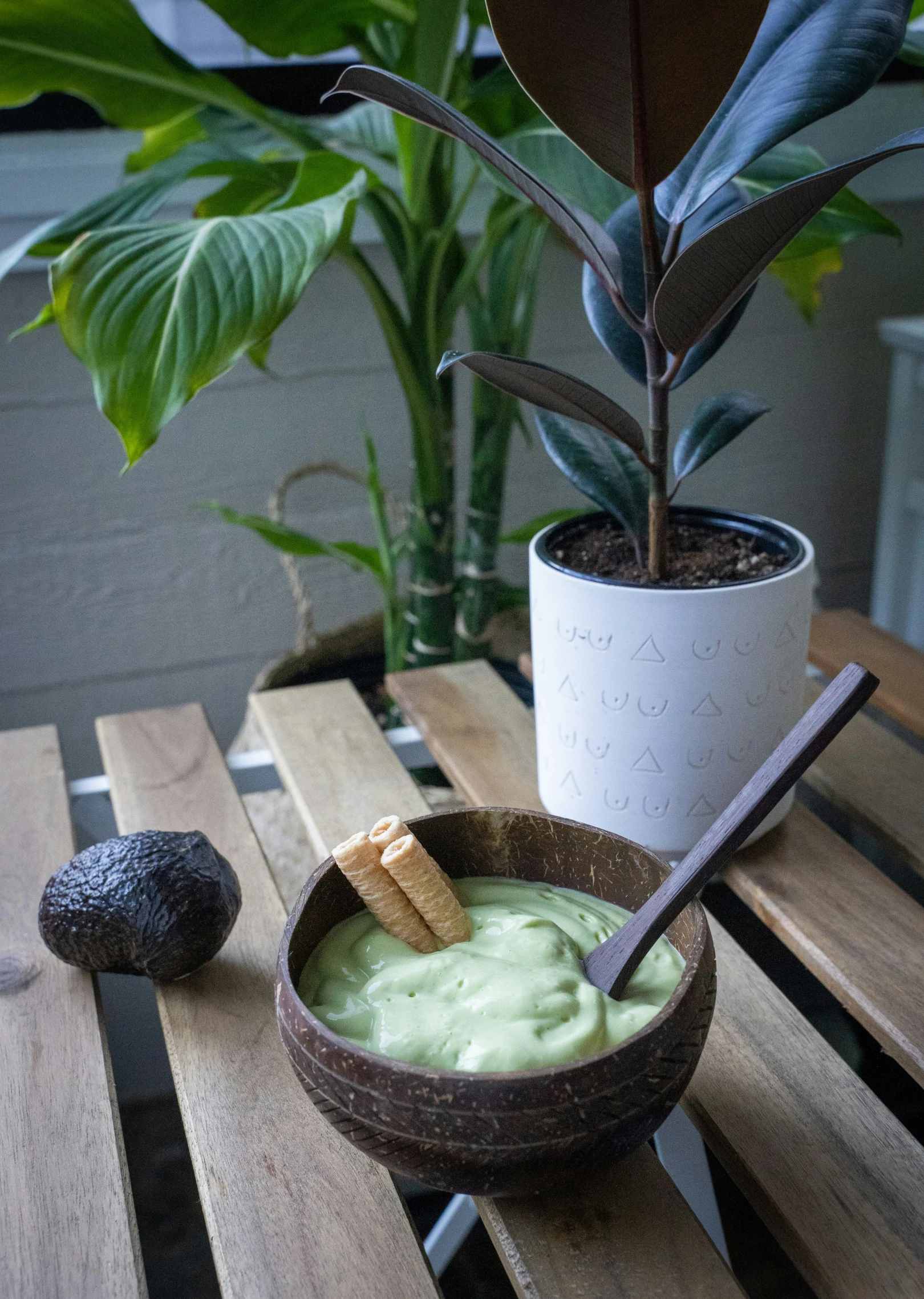 avocado sauce in a bowl next to an avocado plant