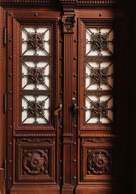 an image of a wooden door with ironwork and glass panels