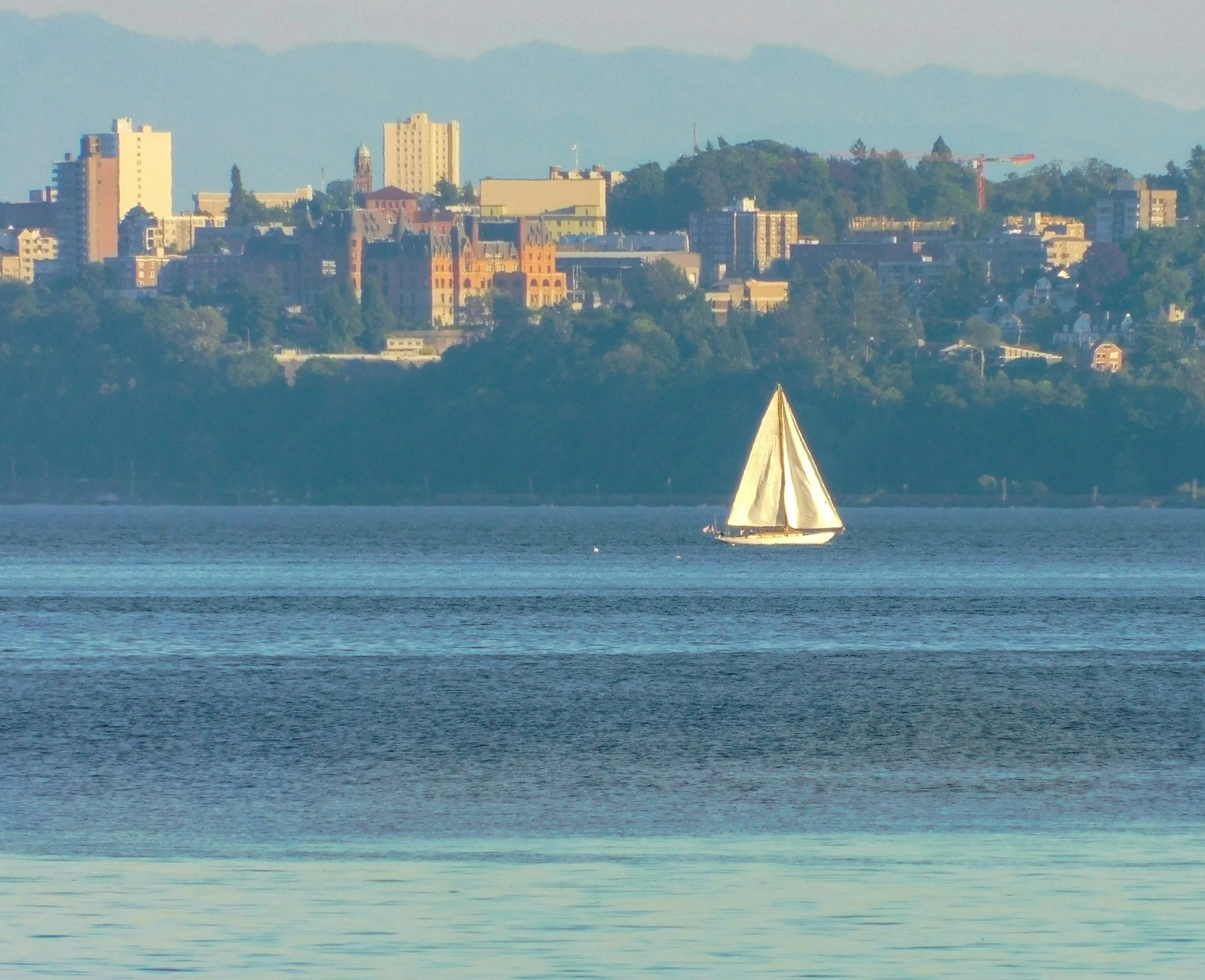 a sailboat is in the ocean near a large city