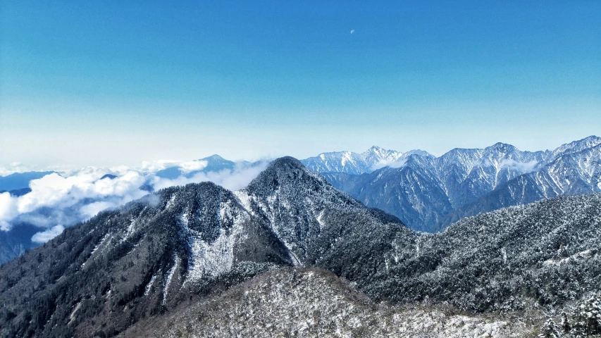 the mountains with snow in the background from a high altitude viewpoint