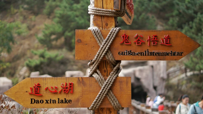 wooden signs in asian writing on the pole