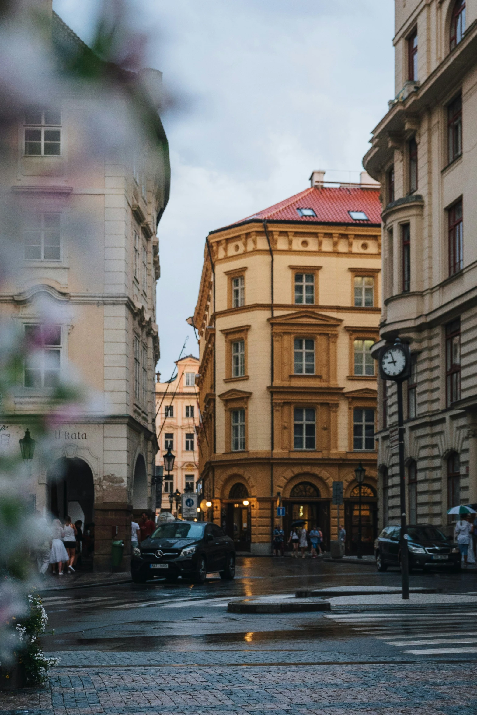 cars are parked on a rainy street in front of buildings