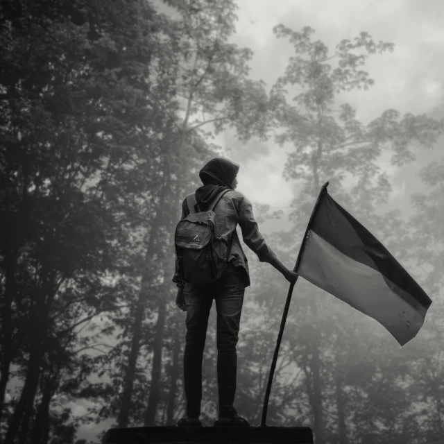 man standing on top of a cliff holding a large flag