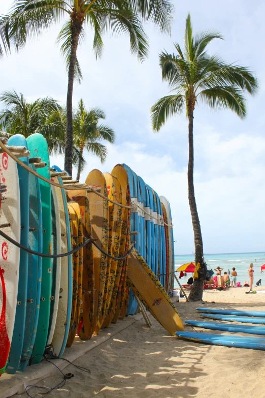 a beach with surfboards leaning against a wall