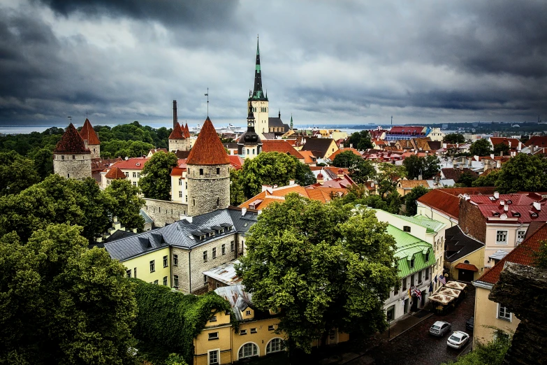 an overhead view of the city's red roof tops