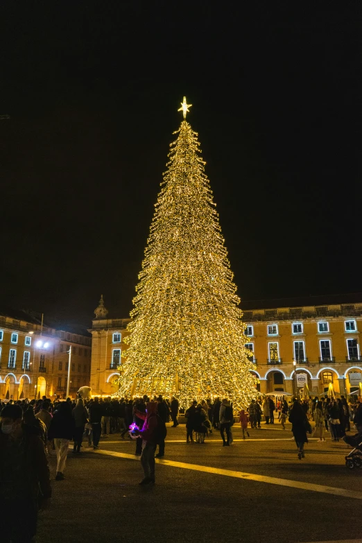 a large christmas tree on the plaza of an old town