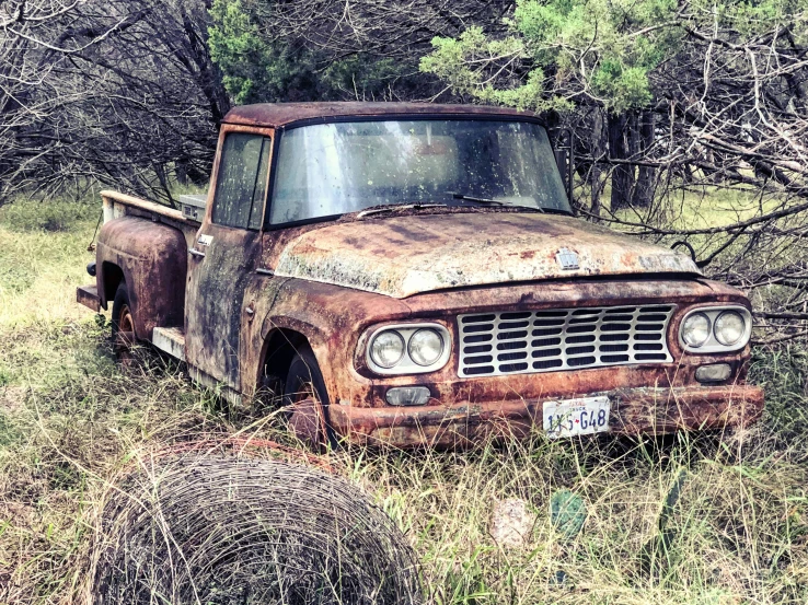 an old truck parked in a field full of trees