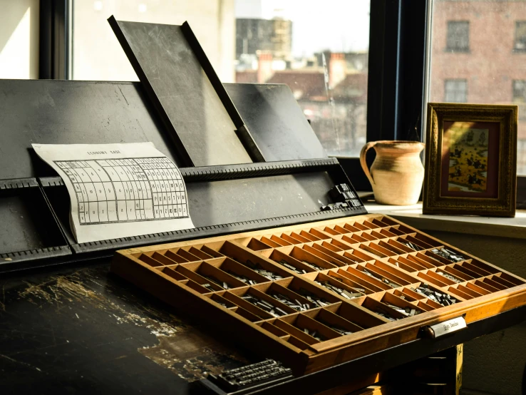 a wooden case sitting in front of a window