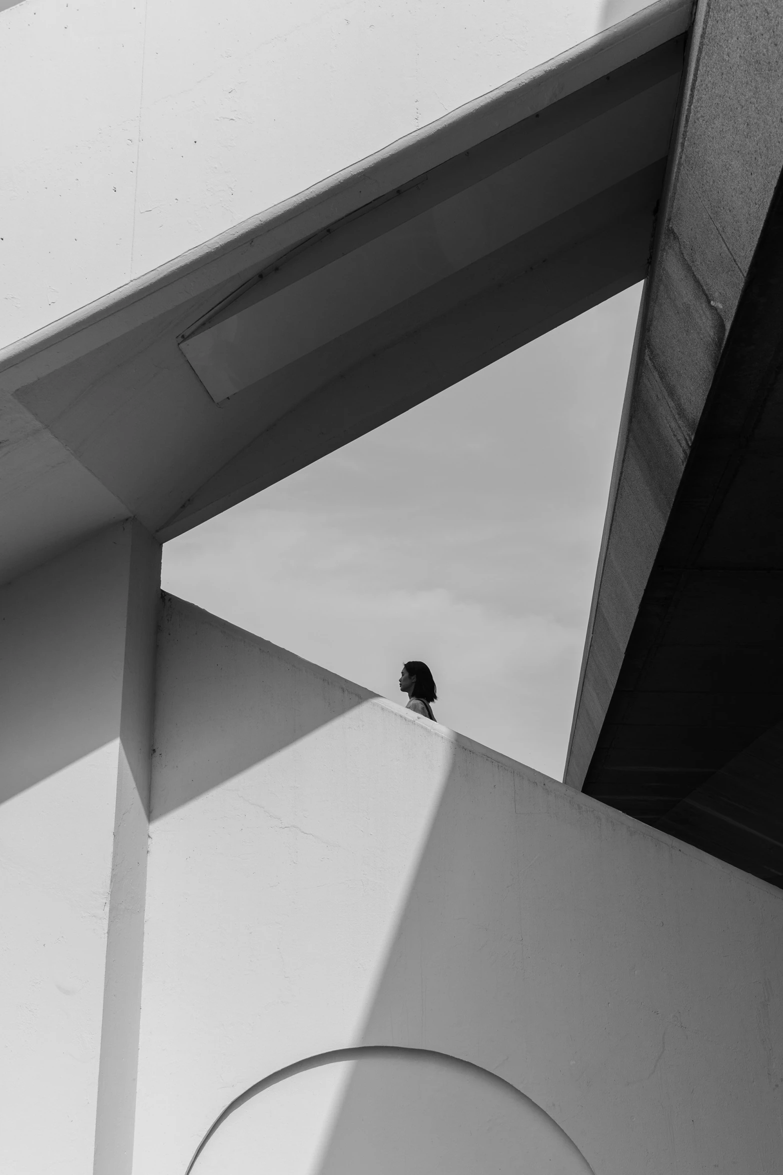 a black and white image of a bird perched on the edge of a building
