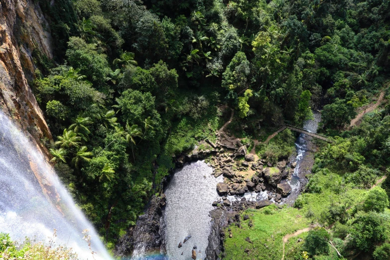 a bird's eye view of the waterfall below