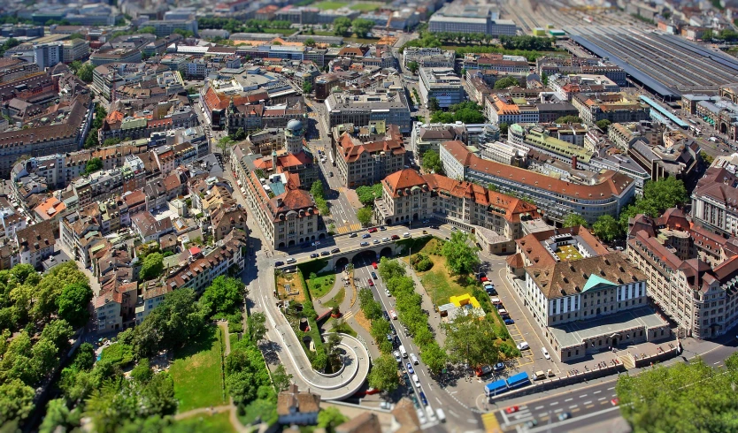 a bird - eye view shows old buildings and a river