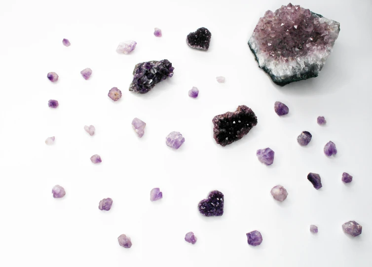 purple crystals scattered next to each other on a white surface