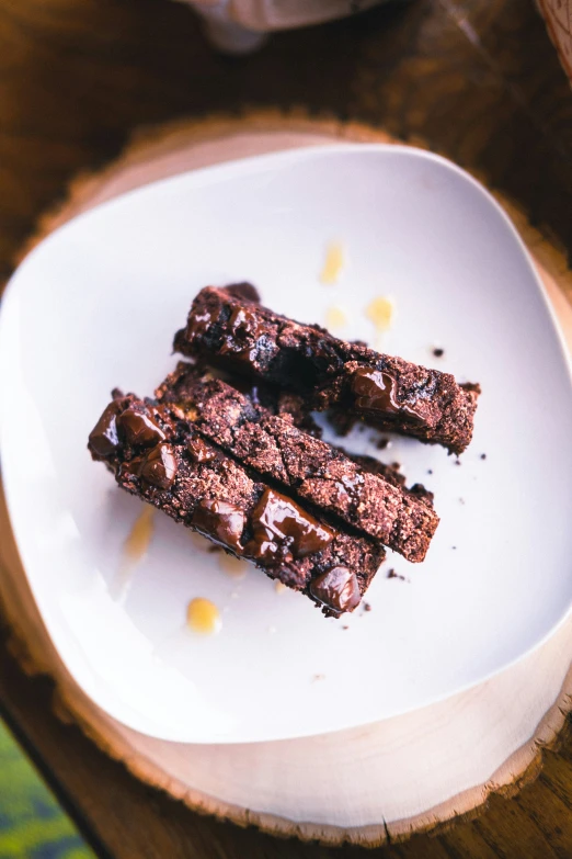 a plate topped with two pieces of chocolate cake