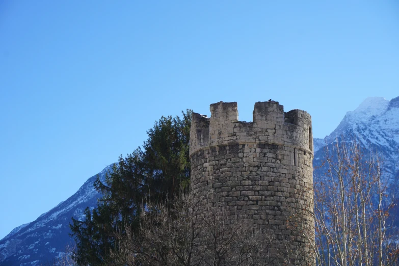 a tall castle like building surrounded by trees