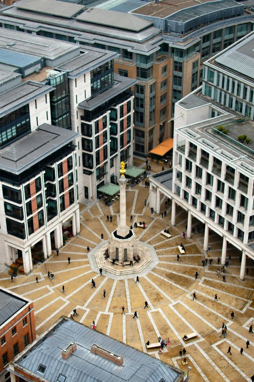 several buildings and surrounding courtyards with people walking around in the center