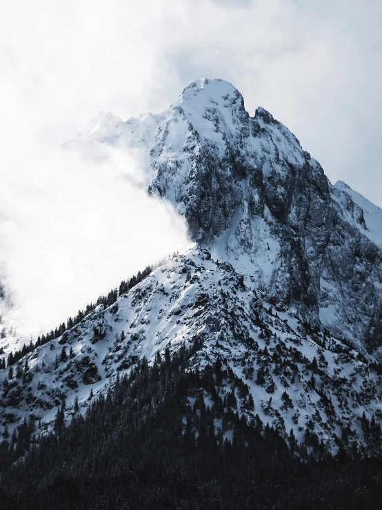 a large mountain covered in snow during a gray day