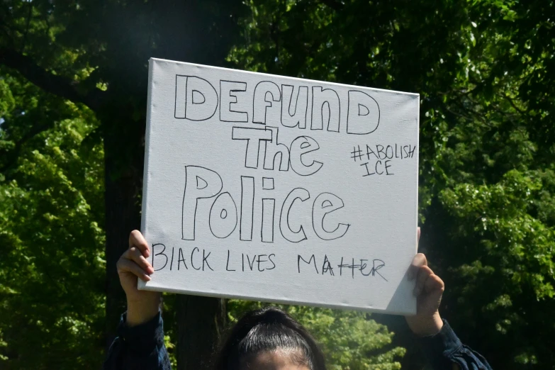 people holding up signs protesting police in the park