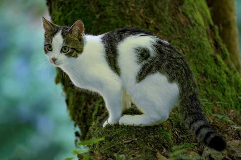 a white, grey and black cat sitting on the side of a moss covered tree trunk